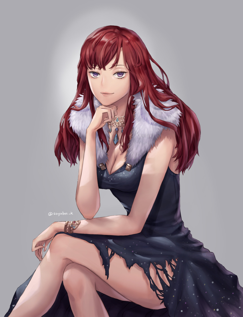 1girl absurdres black_dress bracelet breasts cleavage dress fur_trim grey_background hand_on_own_chin hand_up highres jewelry legs_crossed long_hair looking_at_viewer necklace redhead simple_background sitting solo soyubee twitter_username