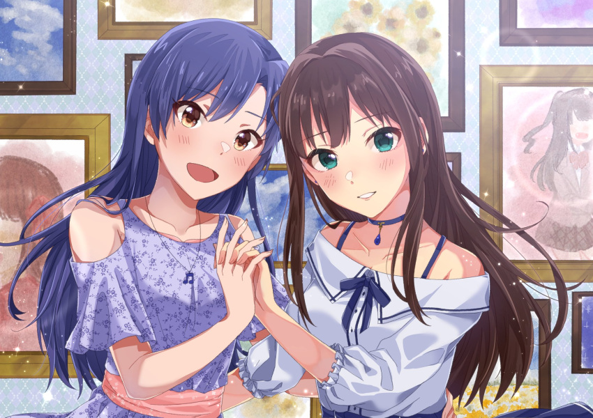 2girls aki_no_suke_p bare_shoulders blue_hair brown_eyes brown_hair choker collarbone dress green_eyes grin highres idolmaster idolmaster_(classic) idolmaster_cinderella_girls interlocked_fingers jewelry kisaragi_chihaya long_hair multiple_girls open_mouth photo_(object) shibuya_rin skirt smile