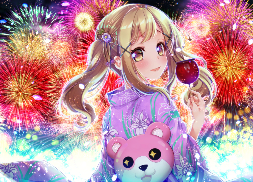 +_+ 1girl :3 :d bang_dream! bangs blonde_hair blush candy_apple commentary_request festival fireworks floral_print flower food hair_flower hair_ornament holding holding_food ichigaya_arisa japanese_clothes kimono looking_at_viewer looking_back michelle_(bang_dream!) open_mouth purple_kimono sidelocks smile solo tsurugi_hikaru twintails x_hair_ornament yellow_eyes