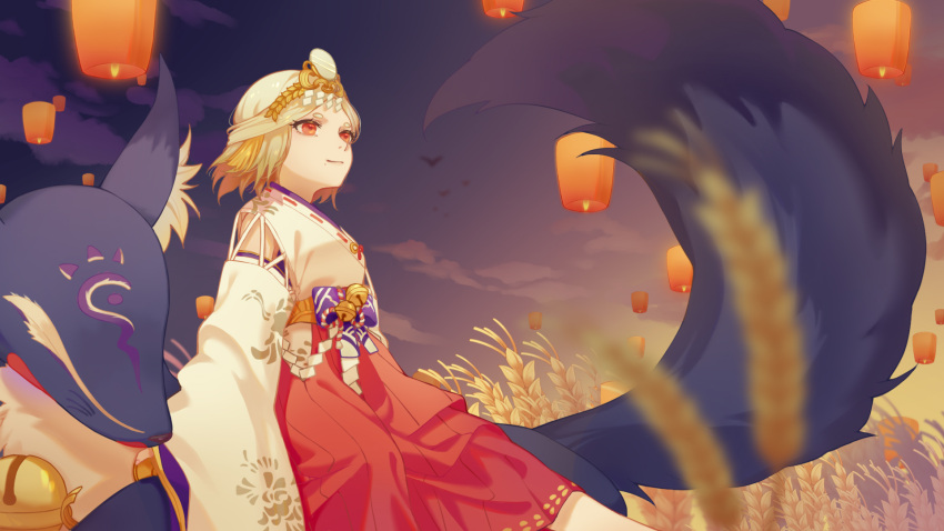 1girl bell clouds detached_sleeves hair_ornament highres japanese_clothes jingle_bell lantern limao_jun long_sleeves looking_up miketsu_(onmyoji) miko onmyoji red_eyes twilight wheat white_hair wide_sleeves