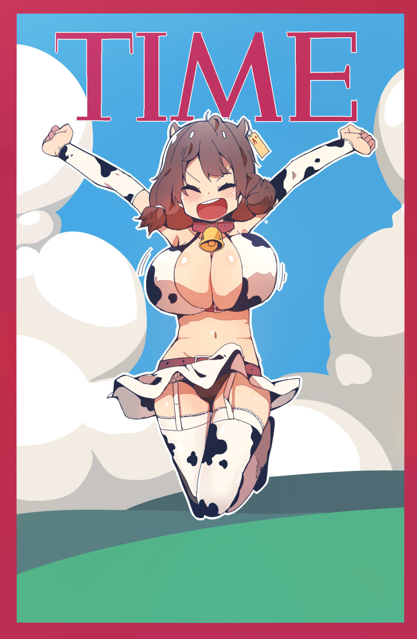 1girl animal_print bell bell_collar belt bikini_top blush border breasts brown_hair bural_chingu cleavage collar cover cow_girl cow_print ear_tag english extra_ears fake_cover full_body garter_straps ham_na-bi highres huge_breasts jumping luke_(dydansgur) magazine_cover navel open_mouth original red_border school_uniform short_twintails skirt smile solo time_(magazine) twintails