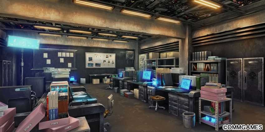 absurdres air_conditioner binder book chair computer desk dmm glowing highres indoors laptop locker monitor no_humans office office_chair police portrait_(object) rapt_(47256) ryuusei_world_actor scenery trash_can