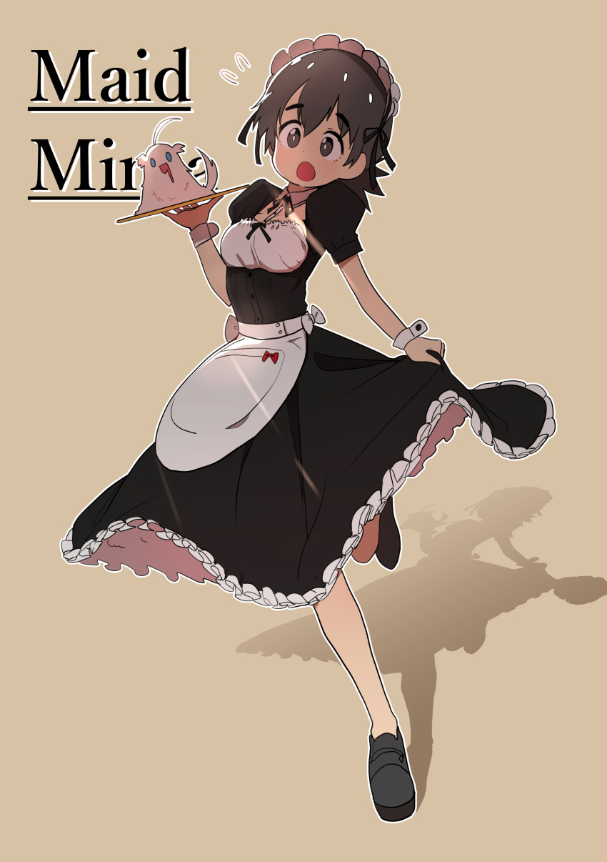 absurdres alternate_costume apron blush brown_eyes brown_hair bural_chingu enmaided eyebrows eyebrows_visible_through_hair frills highres luke_(dydansgur) maid maid_apron maid_headdress original puffy_short_sleeves puffy_sleeves seong_mi-na_(bural_chingu) short_hair short_sleeves skirt_hold tray waist_apron wrist_cuffs