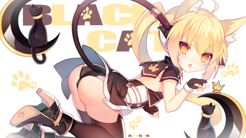 1girl :o ahoge animal animal_ears ankle_boots ass black_cat black_gloves black_panties blonde_hair blush boots brown_dress brown_footwear brown_legwear cat cat_ears cat_tail crescent detached_collar dress elsword eve_(elsword) facepaint fingerless_gloves full_body gloves high_heel_boots high_heels highres long_hair open_mouth panties paw_pose ponytail red_eyes short_dress simple_background slit_pupils solo tail thigh-highs thighs tsurime underwear upskirt utm