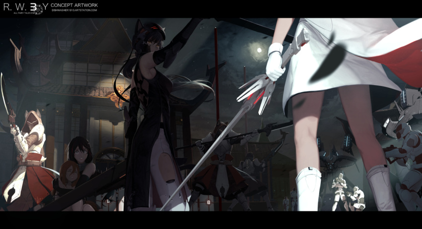 4girls animal_ears black_hair blake_belladonna cat_ears character_request cleaver commentary dishwasher1910 ears_through_headwear english_commentary gambol_shroud gradient_hair grey_eyes gun handgun holding holding_sword holding_weapon katana left-handed letterboxed long_hair monochrome multicolored_hair multiple_girls myrtenaster pistol redhead ruby_rose rwby sword tagme two-tone_hair weapon weiss_schnee white_hair yellow_eyes