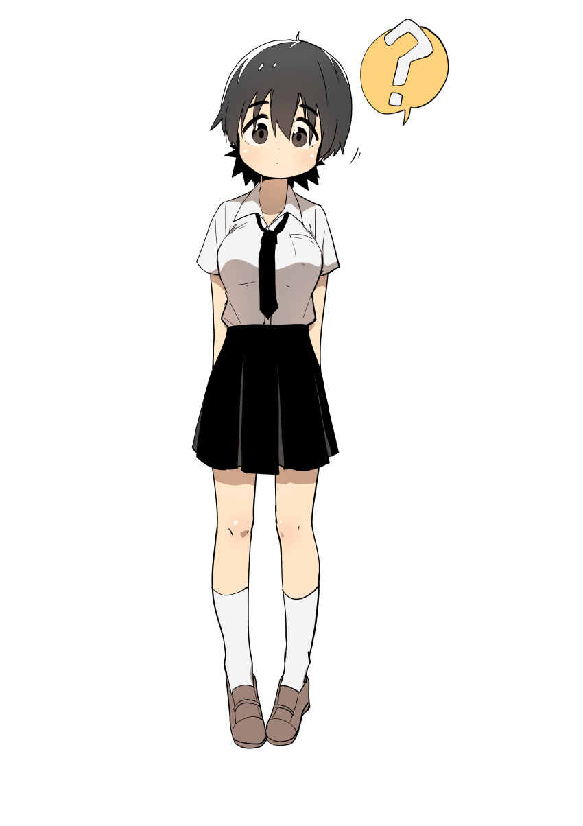 1girl ? absurdres black_skirt blush brown_eyes brown_hair bural_chingu eyebrows eyebrows_visible_through_hair highres loafers looking_at_viewer luke_(dydansgur) necktie original pleated_skirt school_uniform seong_mi-na_(bural_chingu) shirt shoes short_hair skirt socks solo white_legwear