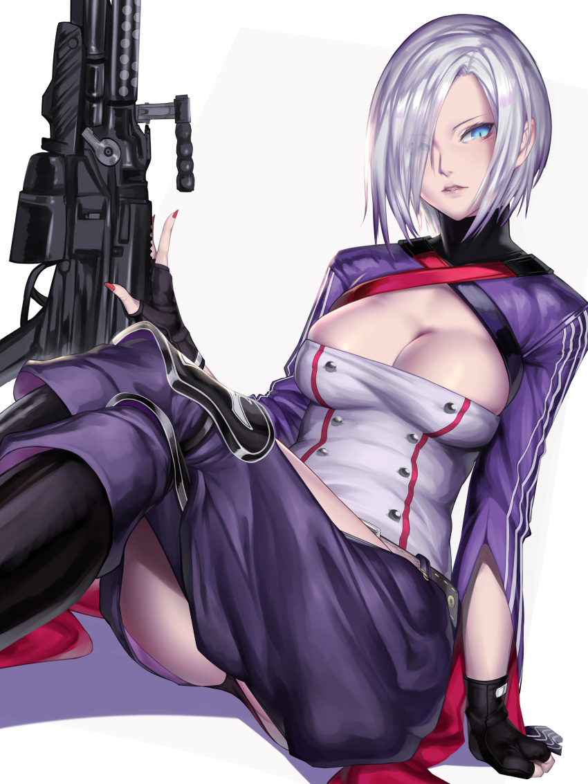 1girl absurdres arm_support ass bangs belt black_gloves blue_eyes breasts chaps cleavage commentary_request fingerless_gloves fingernails girls_frontline gloves gun hair_over_one_eye head_tilt highres kumiko_shiba legs_crossed lips long_sleeves looking_at_viewer machine_gun medium_breasts mg5 mg5_(girls_frontline) nail_polish pale_skin parted_lips red_nails shiny shiny_hair short_hair sidelocks silver_hair simple_background sitting sitting_on_person skindentation solo strapless tubetop turtleneck weapon white_background wide_sleeves