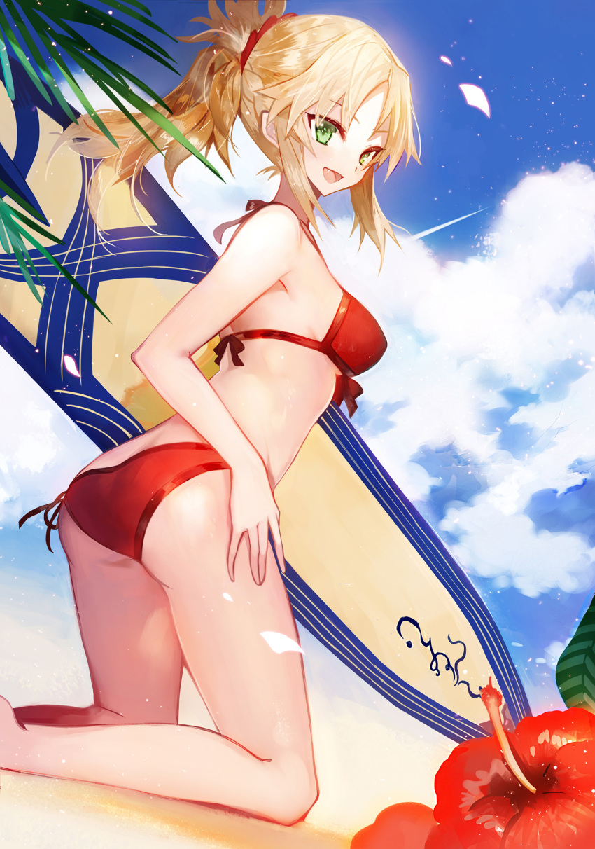 1girl :d ass bangs bare_arms bare_legs bare_shoulders beach bikini blonde_hair blue_sky blush breasts clouds cloudy_sky commentary_request day dutch_angle eyebrows_visible_through_hair fang fate/grand_order fate_(series) feet_out_of_frame flower green_eyes highres kneeling long_hair medium_breasts moemoe3345 mordred_(fate)_(all) mordred_(swimsuit_rider)_(fate) open_mouth outdoors parted_bangs ponytail prydwen red_bikini red_flower sand side-tie_bikini sidelocks sky smile solo surfboard swimsuit