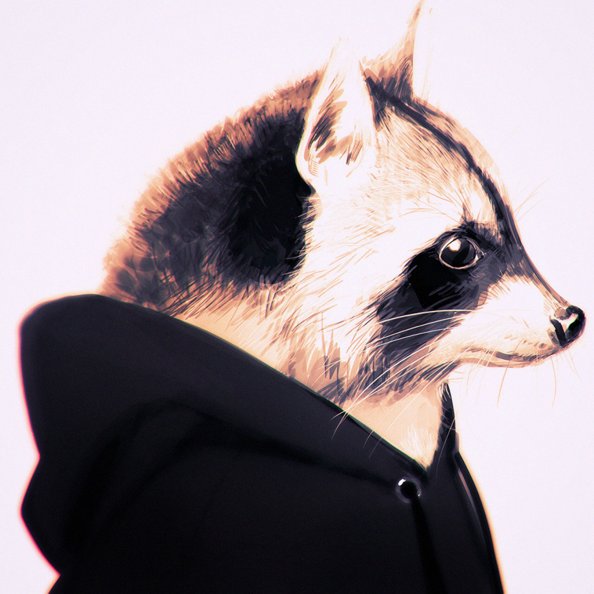 animal animal_focus animalization clothed_animal commentary english_commentary highres hood hood_down hoodie ilya_kuvshinov no_humans original pink_background profile raccoon white_background