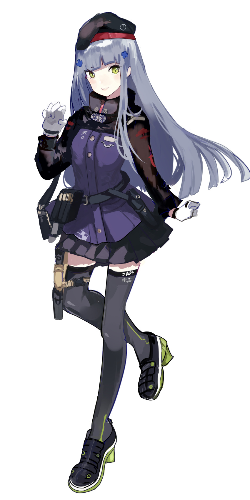 1girl :3 absurdres bangs beret black_footwear black_hat black_skirt blunt_bangs blush eyebrows_visible_through_hair full_body girls_frontline gloves green_eyes grey_legwear hair_ornament hand_up hat head_tilt high_heels highres hk416_(girls_frontline) jacket long_hair long_sleeves looking_at_viewer ori_(momonimo) pleated_skirt purple_jacket shoes silver_hair simple_background skirt solo standing standing_on_one_leg thigh-highs very_long_hair white_background white_gloves