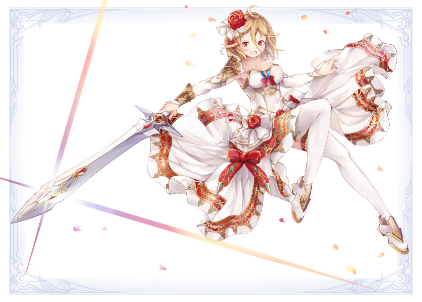 1girl :d :o absurdres ahoge bare_shoulders blonde_hair bow breasts covered_navel dress fantasy flower glint hair_flower hair_ornament highres holding holding_sword holding_weapon looking_at_viewer medium_breasts open_mouth original petals red_bow red_eyes red_flower short_hair skirt_hold smile sword thigh-highs weapon white_background white_dress white_footwear white_legwear yashiron2011
