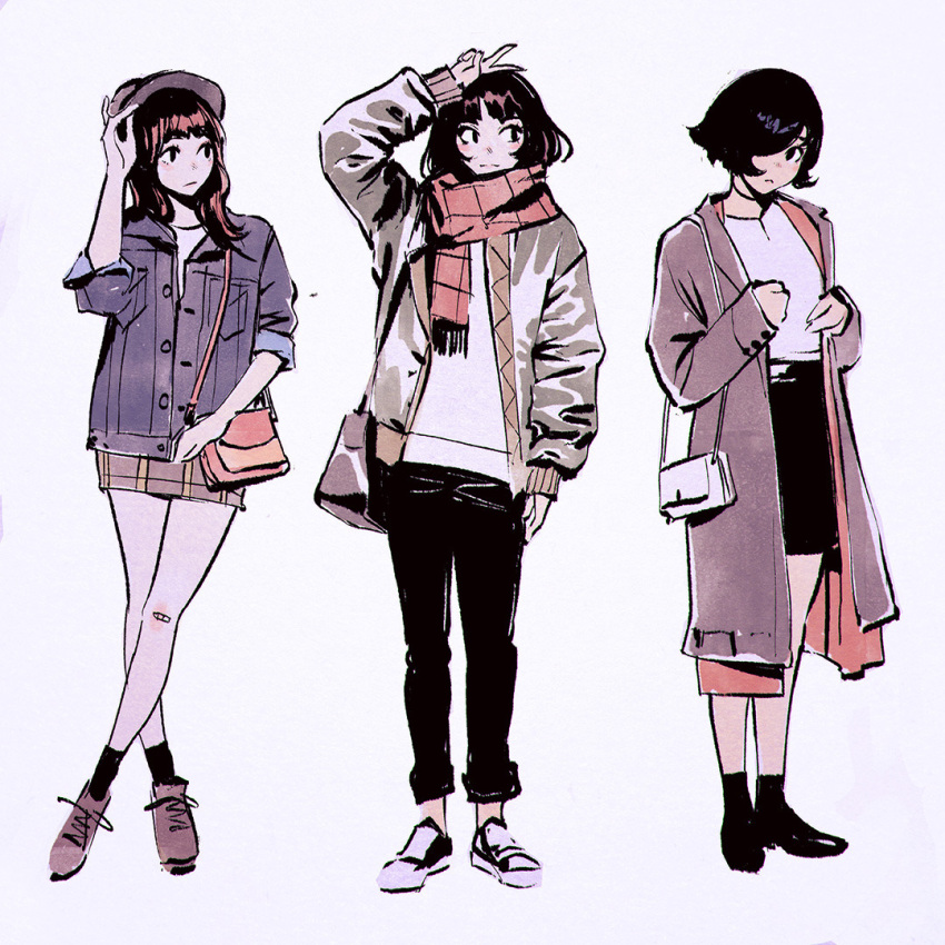 3girls arm_up bag bandaid bandaid_on_knee bangs black_eyes black_hair blunt_bangs blush closed_mouth hair_over_one_eye hand_on_headwear handbag hat ilya_kuvshinov jacket legs_crossed long_hair looking_at_another looking_at_viewer multiple_girls open_clothes open_jacket original scarf short_hair simple_background skirt sleeves_rolled_up standing v white_background