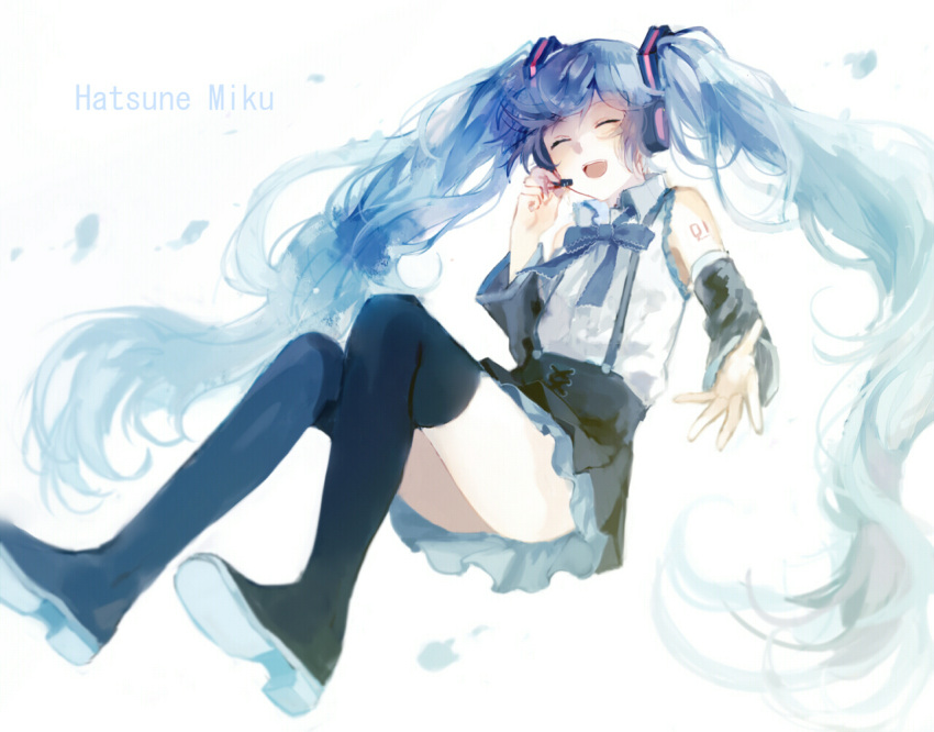 1girl :d ^_^ bangs bare_shoulders black_legwear black_skirt blue_bow blue_neckwear bow bowtie character_name closed_eyes closed_eyes detached_sleeves hatsune_miku headset long_hair long_sleeves microphone number_tattoo open_mouth saz8720 shirt skirt smile solo suspender_skirt suspenders tattoo teeth thigh-highs twintails very_long_hair vocaloid white_shirt
