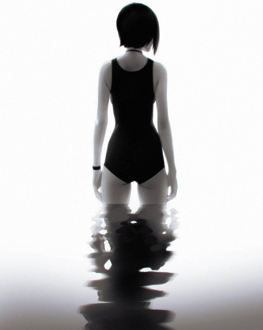 1girl arms_at_sides ass choker commentary facing_away from_behind greyscale highres ilya_kuvshinov monochrome one-piece_swimsuit original reflection short_hair solo standing swimsuit wading water white_background wristband