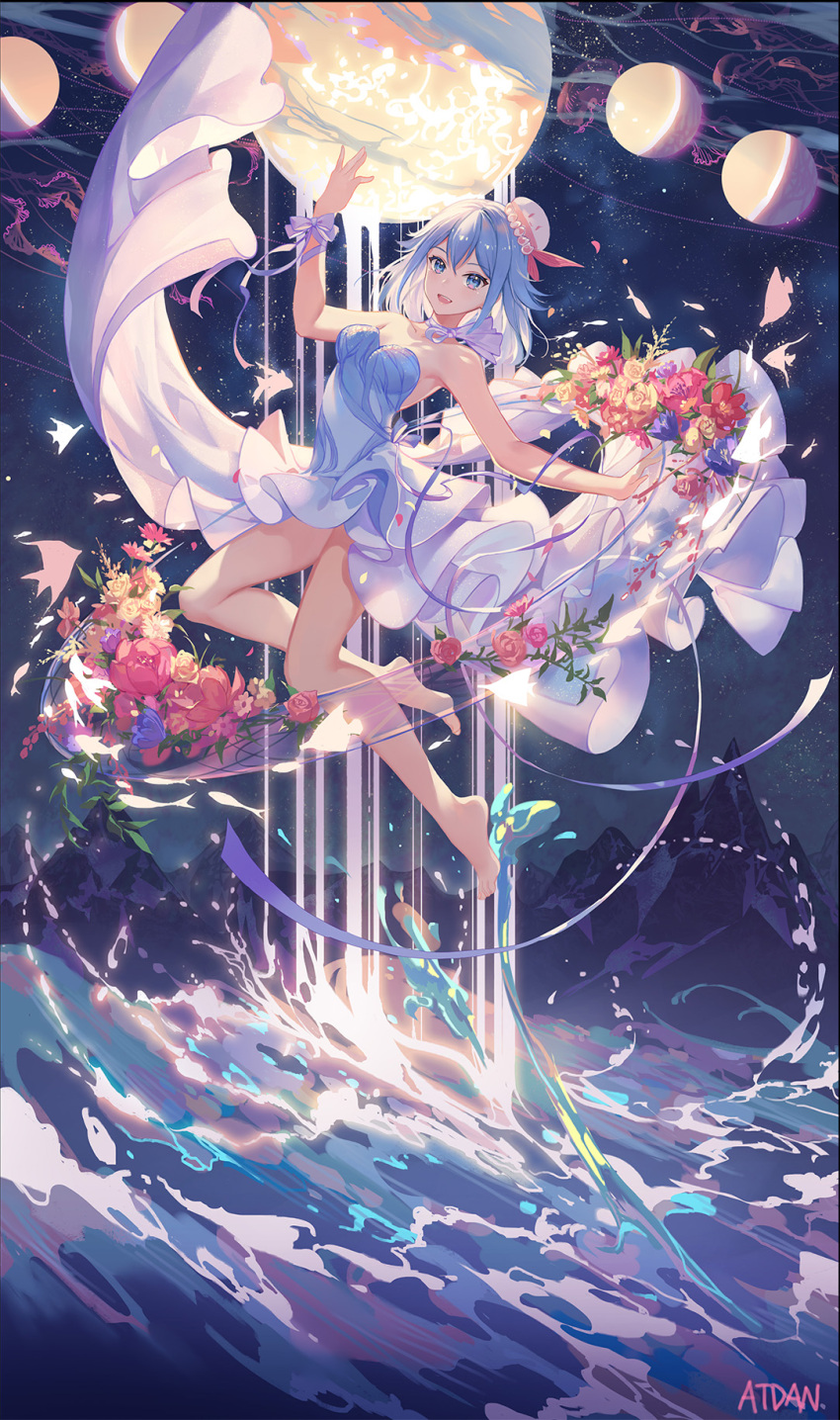 1girl :d arm_up armpits artist_name atdan bare_legs bare_shoulders barefoot blue_dress blue_eyes blue_flower blue_hair bouquet bow breasts choker cleavage commentary dress english_commentary fantasy fish floating flower full_body full_moon haiyi hat hat_feather highres jellyfish layered_dress looking_at_viewer magic medium_breasts medium_hair mini_hat moon mountain night night_sky open_mouth petals purple_bow purple_choker purple_ribbon red_flower ribbon ribbon_choker rose shiny shiny_hair sky smile smiley_face solo splashing strapless strapless_dress vocaloid water white_hat wrist_bow yellow_flower yellow_rose