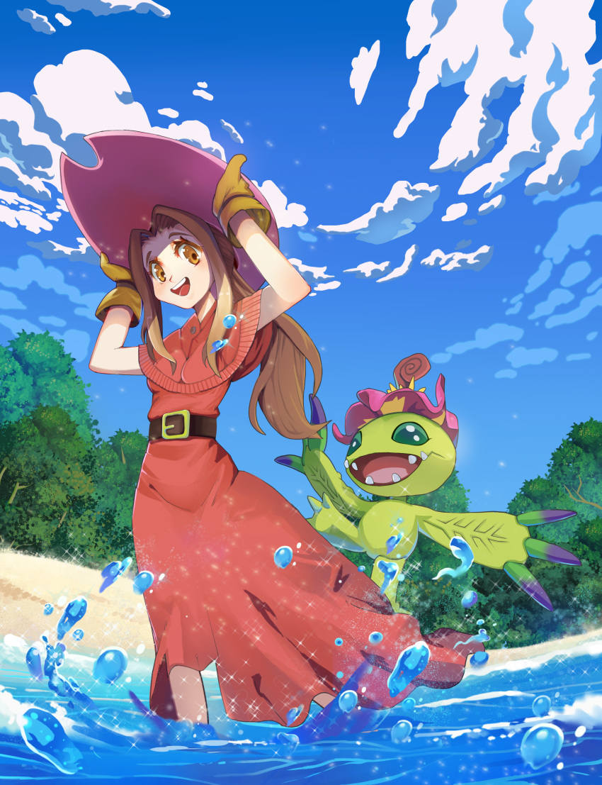 1girl :d absurdres arms_up beach belt belt_buckle blue_sky brown_belt buckle capelet clouds cloudy_sky currynoodle day digimon digimon_adventure dress gloves hair_intakes hands_on_headwear hat highres long_hair open_mouth orange_eyes outdoors palmon partially_submerged pink_hat ponytail red_capelet red_dress sky smile solo sparkle tachikawa_mimi teeth tree water yellow_gloves