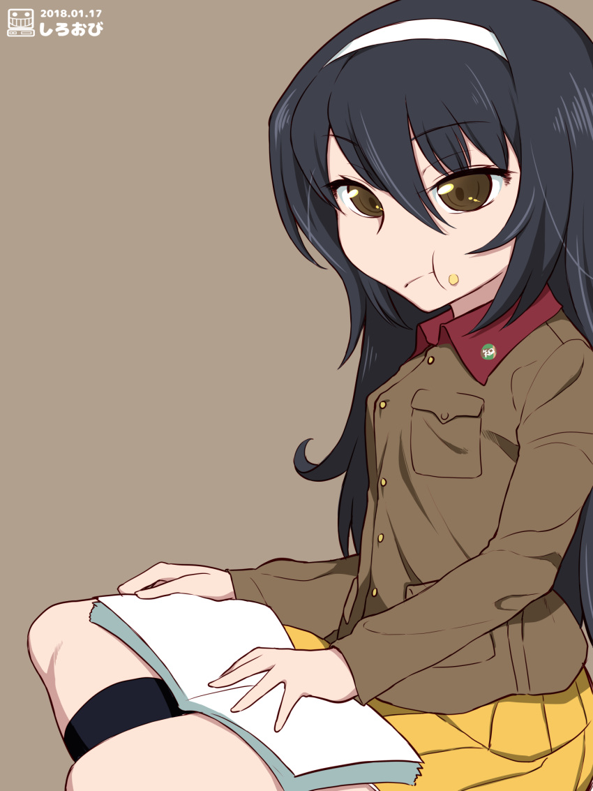 1girl :t artist_name bangs black_footwear black_hair book boots brown_background brown_eyes brown_jacket chi-hatan_(emblem) chi-hatan_military_uniform closed_mouth commentary dated emblem eyebrows_visible_through_hair food food_on_face from_side girls_und_panzer hairband highres holding holding_book indian_style jacket long_hair long_sleeves looking_at_viewer military military_uniform miniskirt pleated_skirt reizei_mako shiroobi_(whitebeltmaster) simple_background sitting skirt solo uniform watermark white_hairband yellow_skirt