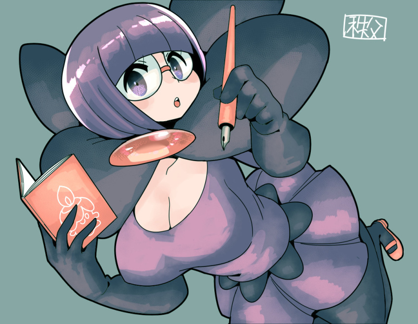 1girl :o bangs black_gloves black_legwear blunt_bangs bob_cut book breasts chichibu_(chichichibu) cleavage creatures_(company) dress elbow_gloves game_freak gen_5_pokemon glasses gloves holding holding_book holding_pen large_breasts litwick mary_janes nintendo open_book orange_footwear pantyhose pen pokemon pokemon_(game) pokemon_bw purple_dress purple_hair round_eyewear shikimi_(pokemon) shoes short_hair solo teeth violet_eyes