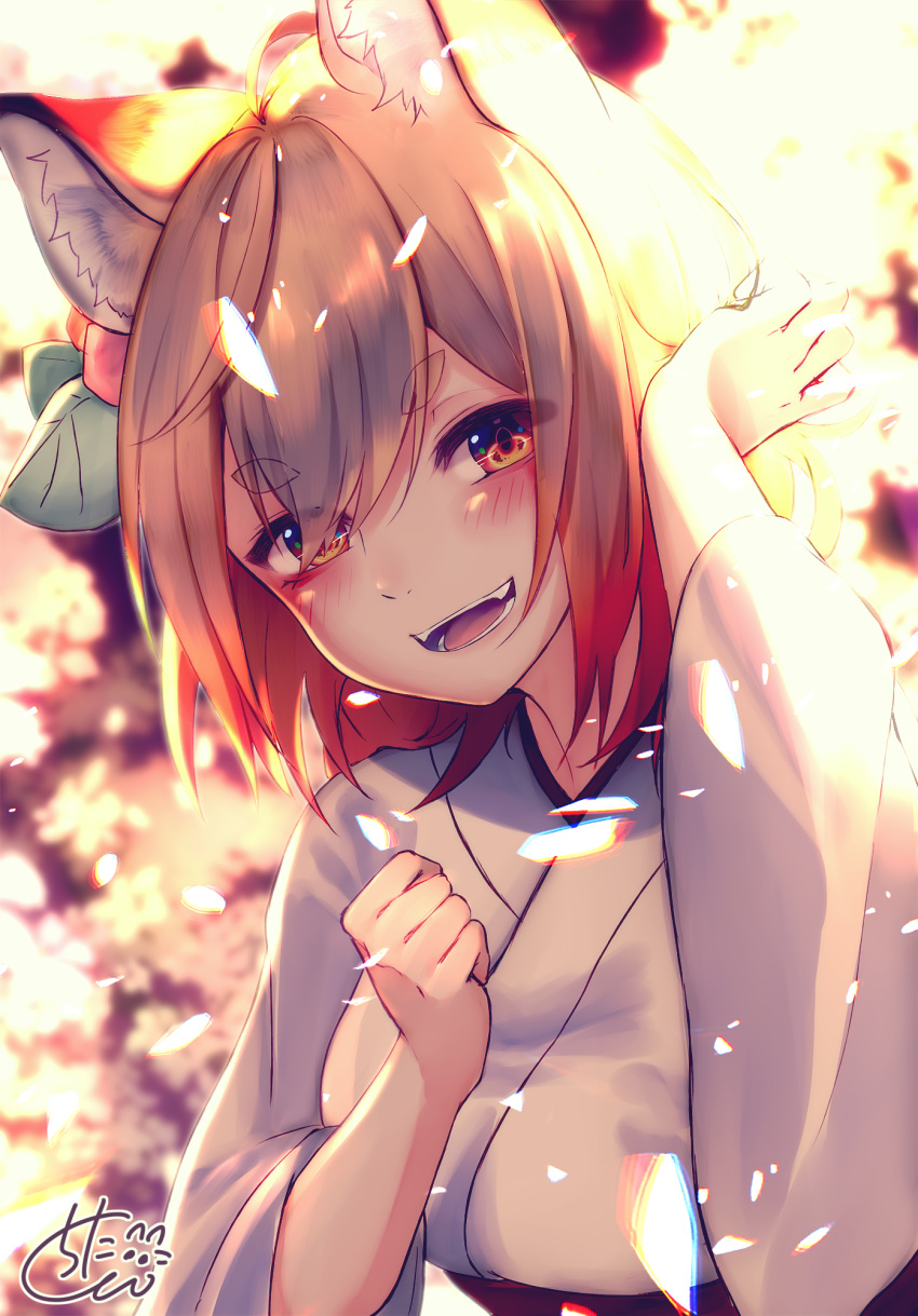 1girl :d ahoge animal_ear_fluff animal_ears arm_up bangs blurry blurry_background blush breasts brown_hair chita_(ketchup) commentary_request depth_of_field eyebrows_visible_through_hair fangs flower fox_ears fox_girl fox_tail gradient_hair hair_between_eyes hair_flower hair_ornament hair_over_one_eye head_tilt highres japanese_clothes kimono long_sleeves looking_at_viewer medium_breasts multicolored_hair open_mouth original red_eyes red_flower red_skirt redhead short_eyebrows short_kimono signature skirt smile solo tail thick_eyebrows white_kimono wide_sleeves