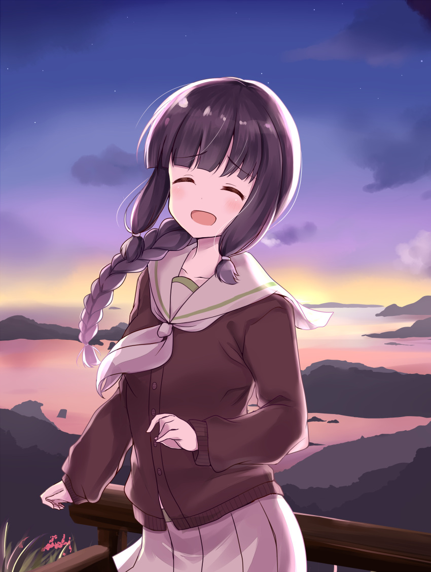 1girl absurdres bangs black_hair blunt_bangs braid brown_cardigan cardigan commentary_request cowboy_shot hair_over_shoulder highres kantai_collection kitakami_(kantai_collection) long_hair open_mouth pleated_skirt remodel_(kantai_collection) sailor_collar scenery school_uniform serafuku sidelocks single_braid skirt smile solo soramuko yellow_sailor_collar yellow_skirt