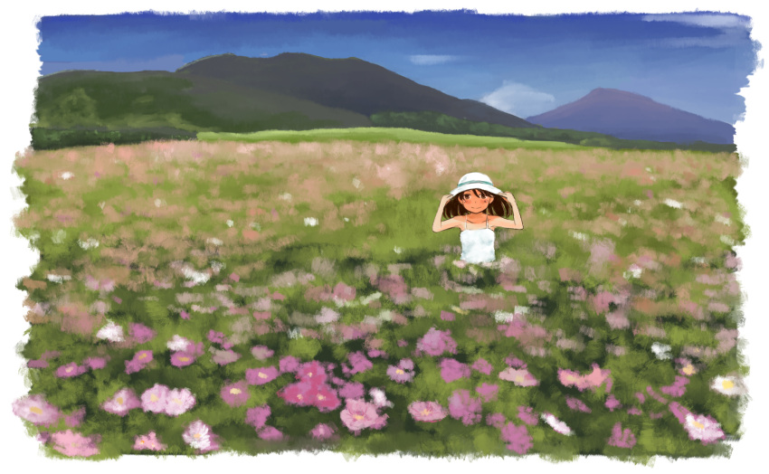 1girl bare_shoulders blue_sky brown_hair casual collarbone commentary_request day dress field flower flower_field hat highres kantai_collection medium_hair mountainous_horizon outdoors ryuujou_(kantai_collection) sky solo sun_hat sundress taruhi