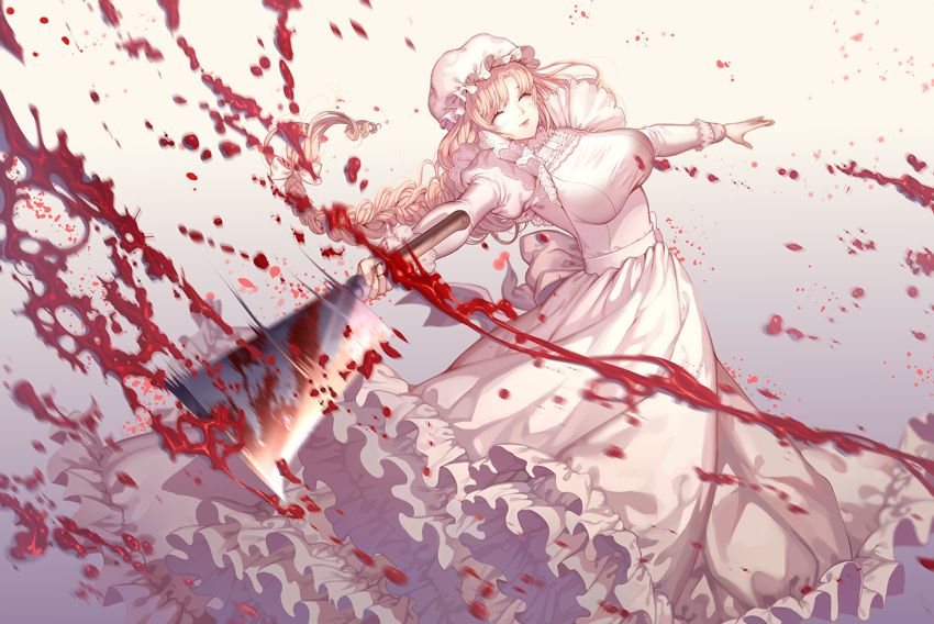 1girl apron blonde_hair blood blood_splatter bow braid breasts cleaver closed_eyes cowboy_shot dress frilled_dress frills hair_bow hat hataraku_saibou hei_yu large_breasts long_hair long_sleeves macrophage_(hataraku_saibou) mob_cap motion_blur puffy_long_sleeves puffy_sleeves smile solo standing white_dress