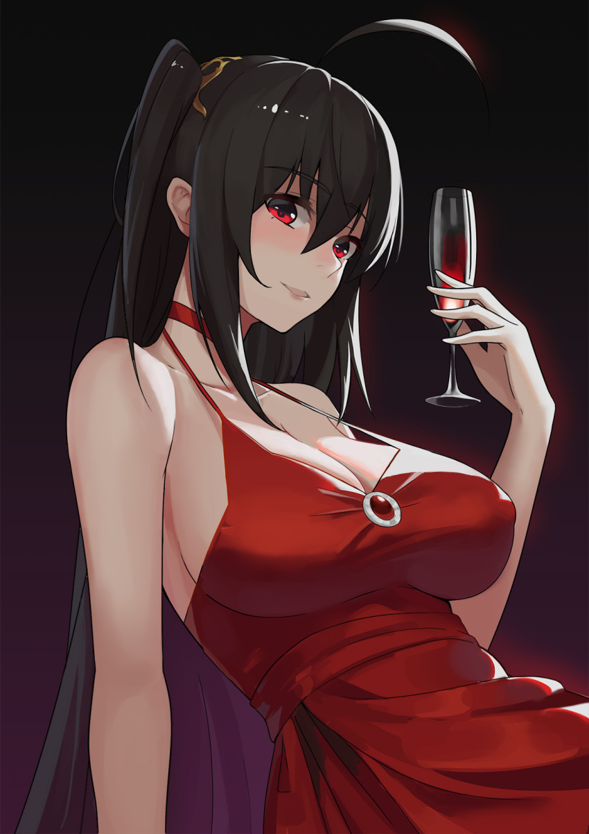 1girl ahoge alcohol azur_lane bare_shoulders black_hair blush breasts champagne_flute choker cleavage cup dark_background dress drinking_glass eyebrows_visible_through_hair glass highres large_breasts loading_(vkjim0610) long_hair looking_at_viewer red_choker red_dress red_eyes solo taihou_(azur_lane) twintails wine