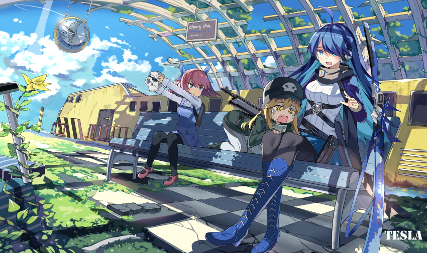 3girls @_@ absurdres ahoge all_fours analog_clock artist_name bench black_legwear blue_eyes blue_footwear blue_hair blush boots breasts brown_eyes brown_hair chinese clock cross-laced_footwear day ground_vehicle hair_over_one_eye headphones helmet highres knee_boots lace-up_boots long_hair medium_breasts multiple_girls open_mouth original outdoors pantyhose parted_lips qihai_lunpo short_hair short_twintails sign sitting train train_station twintails very_long_hair white_legwear