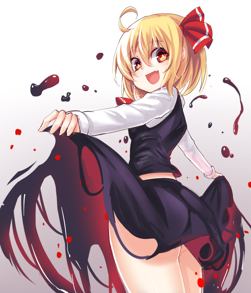 1girl :d ahoge ascot ass bangs black_skirt black_vest blonde_hair blush breasts commentary_request cowboy_shot eyebrows_visible_through_hair fang from_behind gradient gradient_background grey_background hair_between_eyes hair_ribbon highres koissa lifted_by_self long_sleeves looking_at_viewer looking_back midriff_peek open_mouth red_eyes red_neckwear red_ribbon ribbon rumia shirt short_hair skirt small_breasts smile solo standing thighs touhou vest white_background white_shirt