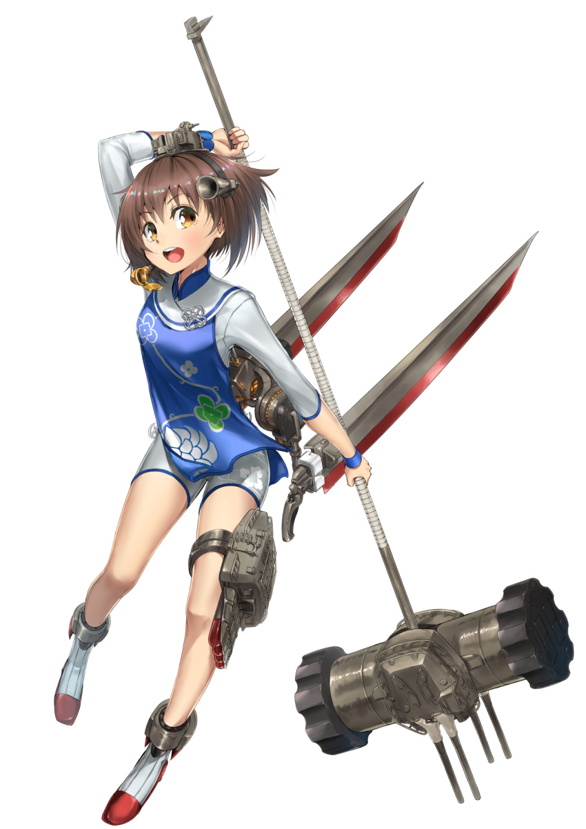 1girl alternate_costume brown_eyes brown_hair cannon china_dress chinese_clothes dress floral_print full_body hammer headgear headset highres holding holding_hammer holding_weapon kantai_collection open_mouth rigging rudder_shoes short_hair simple_background solo speaking_tube_headset tan_yang_(kantai_collection) thigh_strap torpedo_launcher turret v_r_dragon01 weapon white_background yukikaze_(kantai_collection)