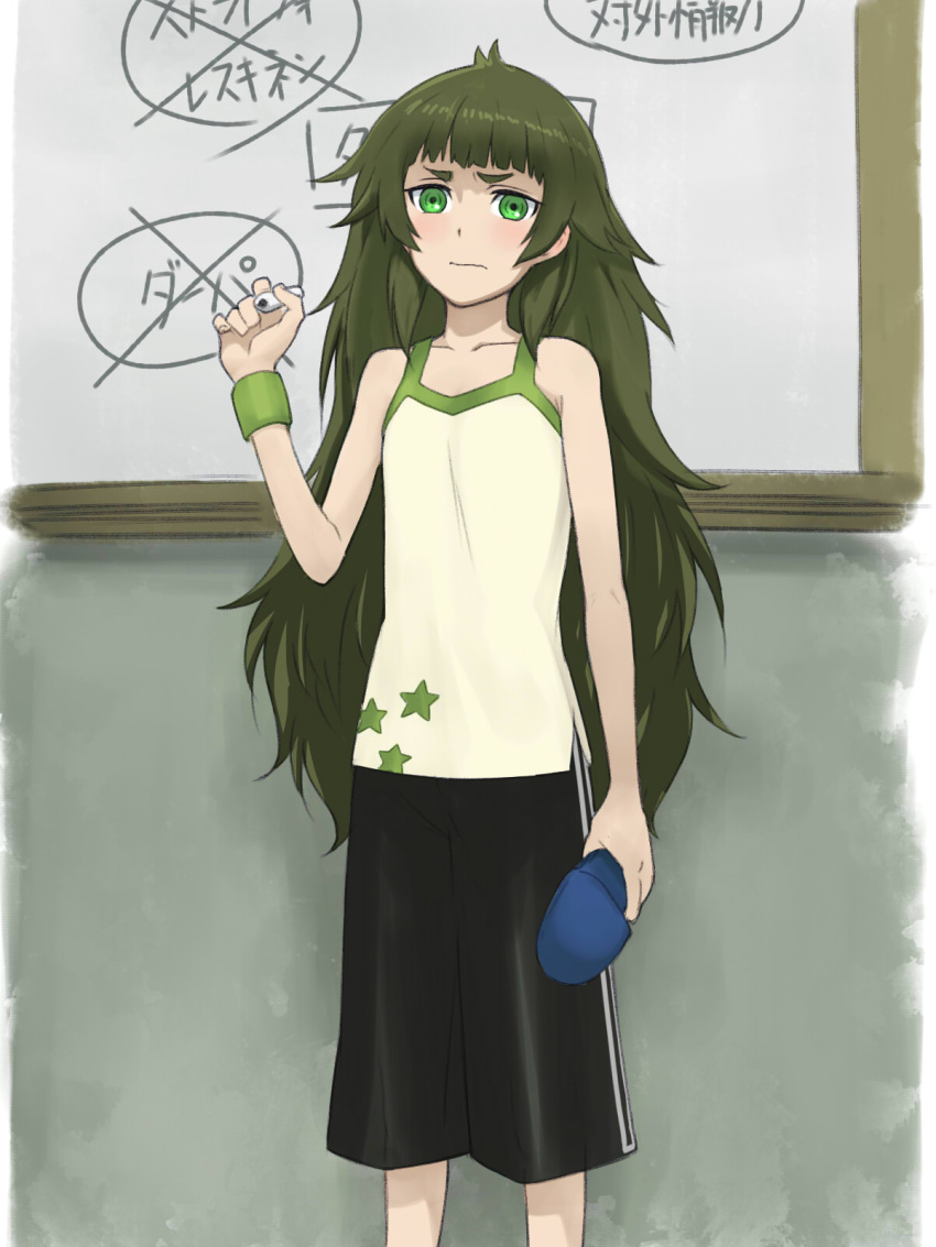 1girl bangs bare_shoulders blunt_bangs blush breasts camisole collarbone cowboy_shot female green_eyes green_hair highres hiyajou_maho long_hair looking_at_viewer marker menomorute shorts sleeveless slippers slippers_removed small_breasts solo standing steins;gate steins;gate_0 thick_eyebrows wavy_mouth whiteboard wristband