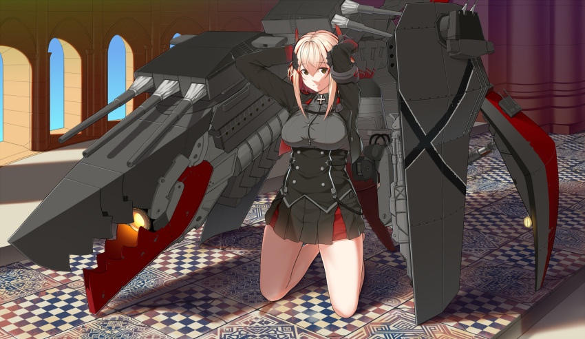 1girl armband arms_behind_head azur_lane baiyin bangs black_jacket black_skirt blonde_hair blush breasts brown_eyes closed_mouth collared_shirt cropped_jacket day dress_shirt eyebrows_visible_through_hair grey_shirt hair_between_eyes headgear highres indoors iron_cross jacket large_breasts long_sleeves looking_at_viewer machinery miniskirt multicolored_hair open_clothes open_jacket pleated_skirt redhead roon_(azur_lane) searchlight shirt short_hair skirt smile solo streaked_hair tachi-e turret underbust window