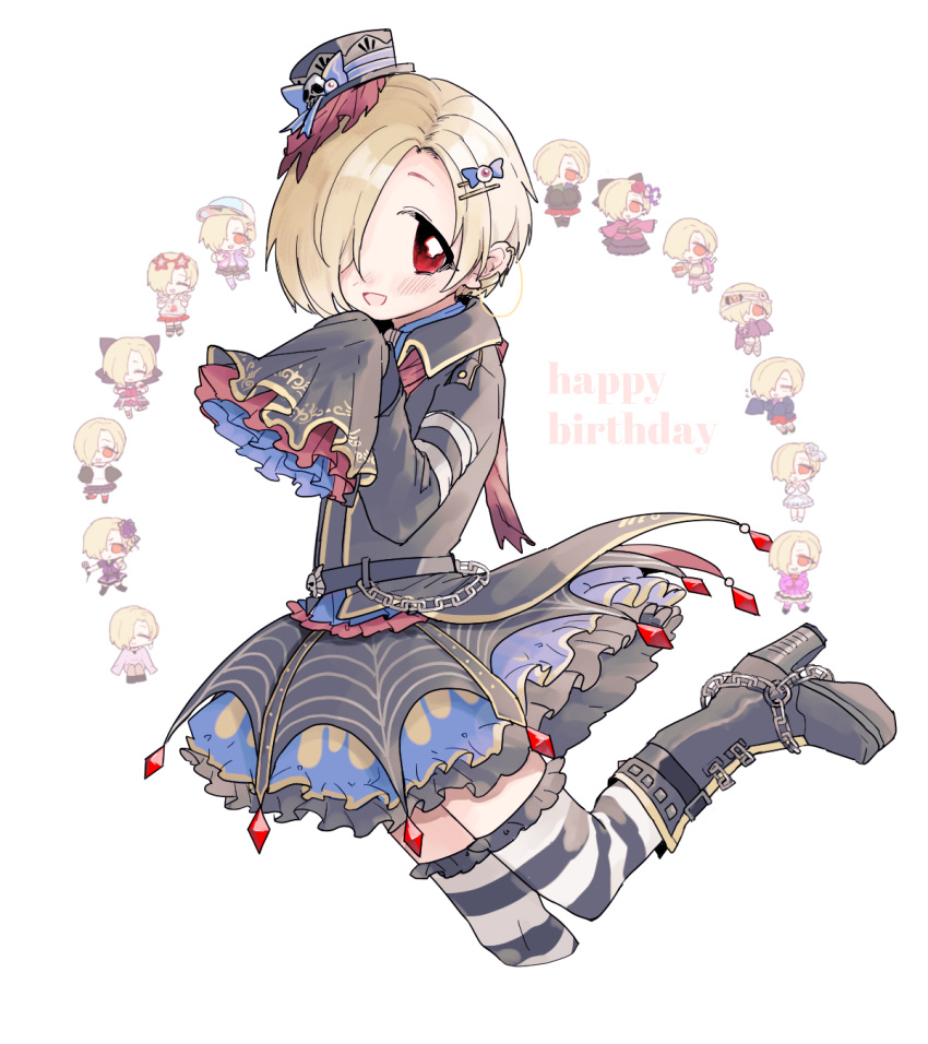 1girl blonde_hair boots chains ear_piercing eyeball_hair_ornament frilled_hat frilled_skirt frilled_sleeves frills hair_over_one_eye hat highres idolmaster idolmaster_cinderella_girls idolmaster_cinderella_girls_starlight_stage long_sleeves looking_at_viewer piercing red_eyes shine_asahi shirasaka_koume short_hair skirt sleeves_past_wrists smile solo striped striped_legwear top_hat