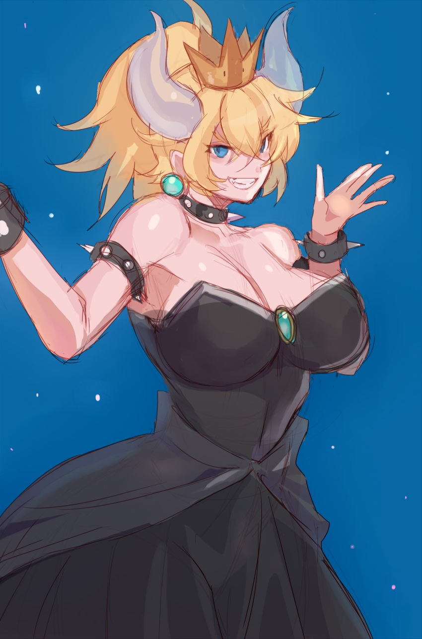 1girl :d armlet bare_shoulders black_dress blonde_hair blue_background blue_eyes borrowed_design bowser bowsette bracelet breasts cleavage collar crown dekaketsudekaketsu dress earrings fang gem genderswap genderswap_(mtf) hands_up highres horns jewelry large_breasts looking_at_viewer super_mario_bros. new_super_mario_bros._u_deluxe nintendo open_mouth ponytail shrug simple_background sketch smile smirk spiked_armlet spiked_bracelet spiked_collar spikes standing