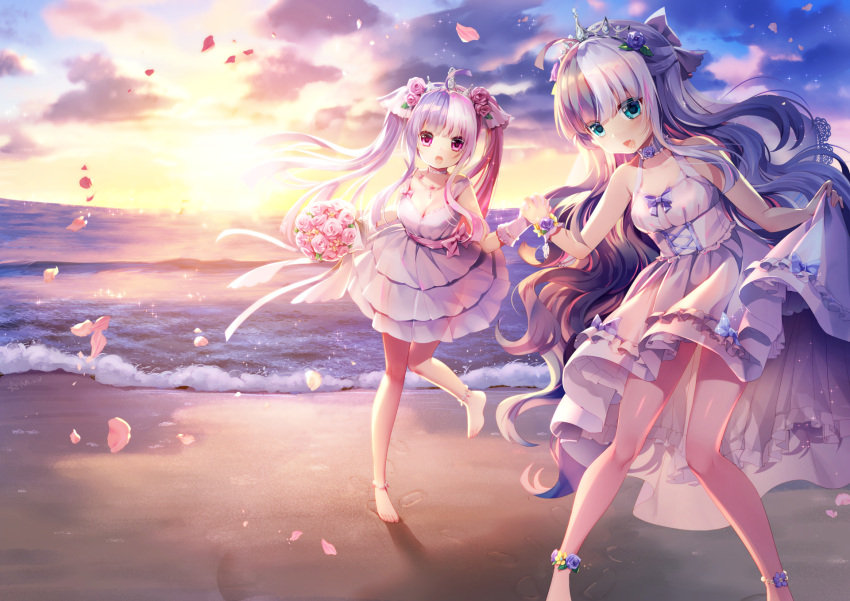 2girls :d ahoge ankle_flower bare_arms bare_shoulders barefoot beach black_bow blue_eyes blue_flower blue_hair blue_rose blush bouquet bow breasts cleavage clouds commentary_request dress elbow_gloves flower footprints gloves hair_bow hair_flower hair_ornament hair_ribbon hand_holding highres holding holding_bouquet horizon layered_dress long_hair looking_at_viewer m1_(zhan_jian_shao_nyu) m2_(zhan_jiao_shao_nyu) medium_breasts multiple_girls mvv ocean open_mouth outdoors petals pink_bow pink_flower pink_rose pleated_dress ribbon rose sand see-through sidelocks skirt_hold sky sleeveless sleeveless_dress smile standing standing_on_one_leg sunlight sunset tiara twintails very_long_hair violet_eyes water white_dress white_gloves white_ribbon wrist_flower zhan_jian_shao_nyu