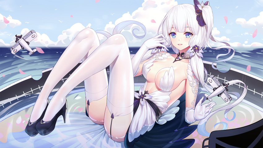1girl :d aircraft airplane azur_lane bangs biplane black_footwear blue_eyes blue_sky blush breasts clouds collarbone commentary_request day dress elbow_gloves eyebrows_visible_through_hair flower flying garter_straps gloves hair_flower hair_ornament hand_up high_heels horizon illustrious_(azur_lane) large_breasts long_hair looking_at_viewer ocean one_side_up open_mouth outdoors petals purple_flower ririko_(zhuoyandesailaer) shoes sidelocks silver_hair sky smile solo strapless strapless_dress thigh-highs very_long_hair water white_dress white_gloves white_legwear