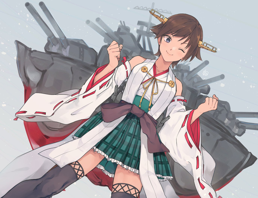 1girl bare_shoulders boots brown_hair clenched_hand commentary_request cowboy_shot detached_sleeves dutch_angle flipped_hair green_skirt hairband headgear hiei_(kantai_collection) kantai_collection machinery nakagomiyuki415 nontraditional_miko one_eye_closed plaid plaid_skirt remodel_(kantai_collection) ribbon-trimmed_sleeves ribbon_trim short_hair skirt solo thigh-highs thigh_boots