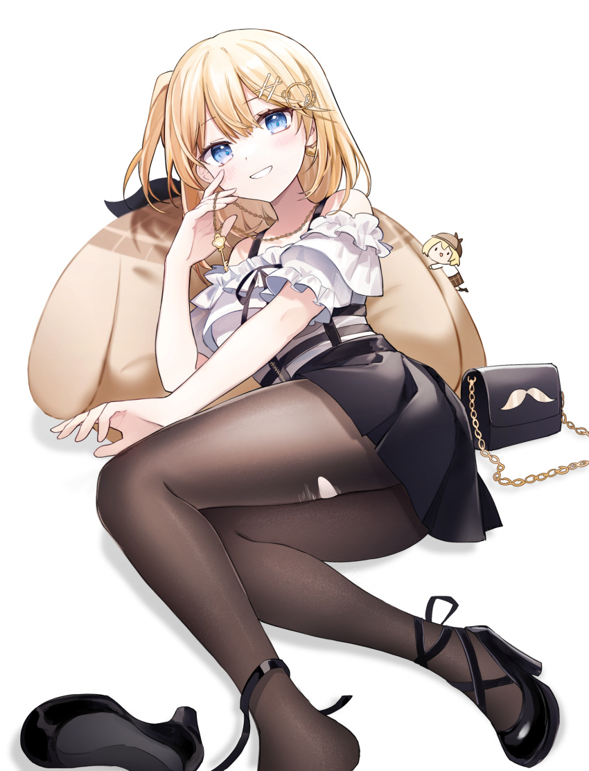 1girl absurdres bag blonde_hair blue_eyes casual frills grin hair_ornament hairclip handbag high_heels highres hololive hololive_english jewelry key_necklace lying matsu82_p monocle_hair_ornament necklace on_back pantyhose pillow side_ponytail smile smol_ame solo torn_clothes torn_legwear virtual_youtuber walfie_(style) watson_amelia
