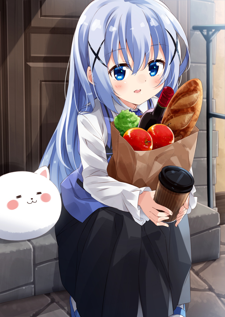 1girl :3 =_= absurdres angora_rabbit animal bag baguette bangs black_skirt blue_eyes blue_footwear blue_hair blue_vest blush bottle bread closed_eyes closed_mouth commentary_request cup day disposable_cup double_bun eyebrows_visible_through_hair food gochuumon_wa_usagi_desu_ka? grocery_bag hair_between_eyes highres holding kafuu_chino long_hair long_sleeves looking_at_viewer mousou_(mousou_temporary) outdoors paper_bag parted_lips rabbit rabbit_house_uniform shirt shoes shopping_bag sitting skirt tippy_(gochiusa) tomato uniform very_long_hair vest waitress white_shirt