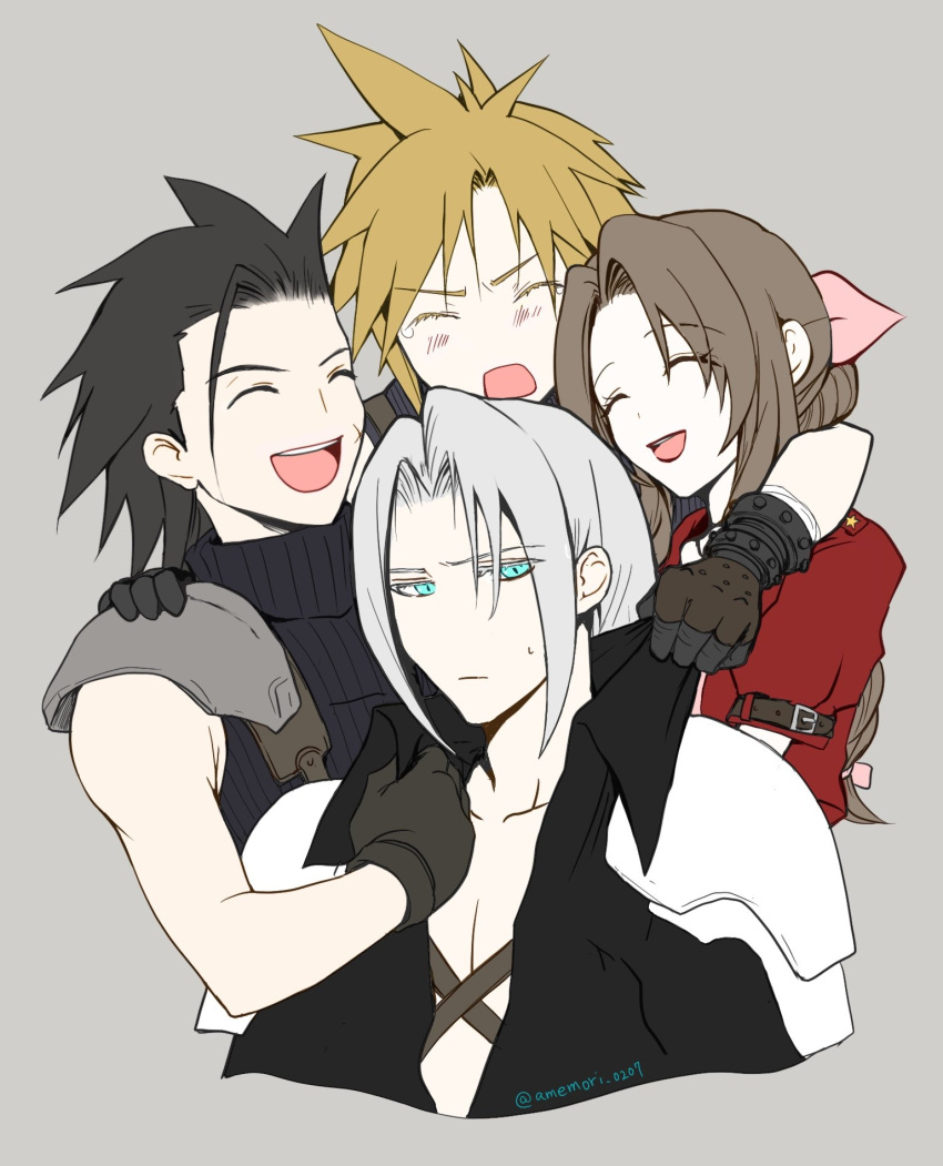 1girl 3boys aerith_gainsborough amemori_0207 aqua_eyes arm_around_neck armor black_hair black_jacket blonde_hair blush braid braided_ponytail brown_hair chest_strap closed_eyes closed_mouth cloud_strife cropped_torso crying final_fantasy final_fantasy_vii final_fantasy_vii_remake grey_background grey_hair group_hug hair_slicked_back hand_on_another's_shoulder highres hug jacket long_hair multiple_boys open_mouth pale_skin parted_bangs pink_ribbon red_jacket ribbon sephiroth short_hair short_sleeves shoulder_armor sidelocks sleeveless sleeveless_turtleneck smile spiky_hair sweatdrop tears turtleneck twitter_username upper_body zack_fair