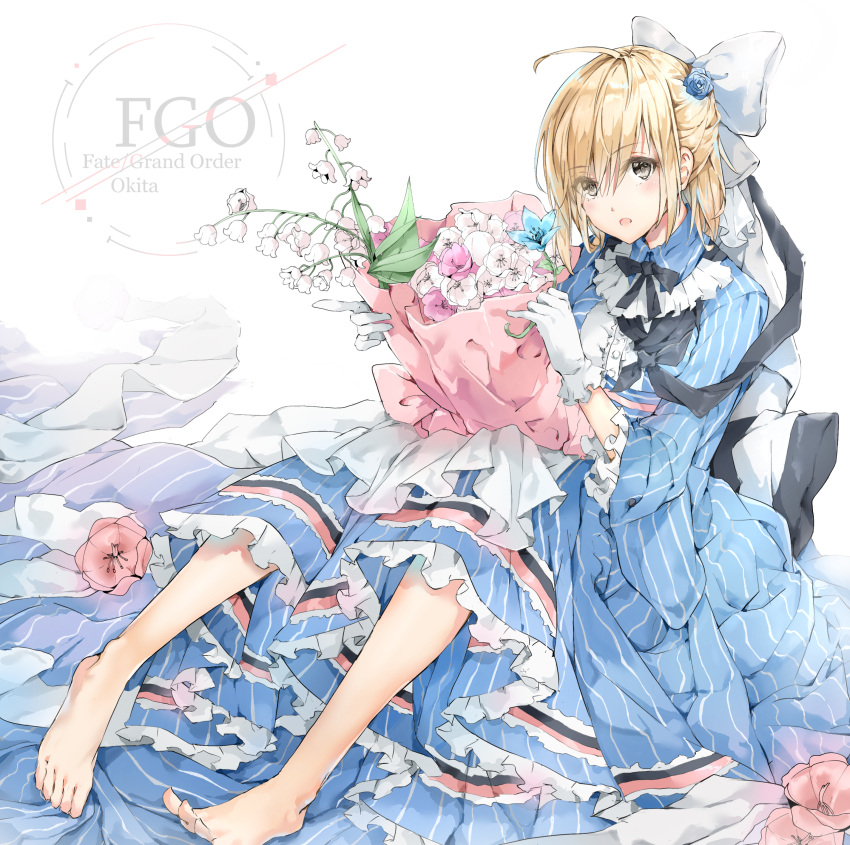 1girl :o absurdres ahoge bangs barefoot blonde_hair blue_dress blue_flower blue_rose bouquet bow c.reo character_name copyright_name dress eyes_visible_through_hair fate/grand_order fate_(series) flower frilled_dress frills gloves hair_between_eyes hair_bow hair_flower hair_ornament hair_over_one_eye highres holding holding_bouquet knees_up koha-ace lily_of_the_valley lolita_fashion long_sleeves looking_at_viewer necktie okita_souji_(fate) okita_souji_(fate)_(all) open_mouth ponytail rose short_hair sitting solo striped tied_hair vertical-striped_dress vertical_stripes white_bow white_gloves