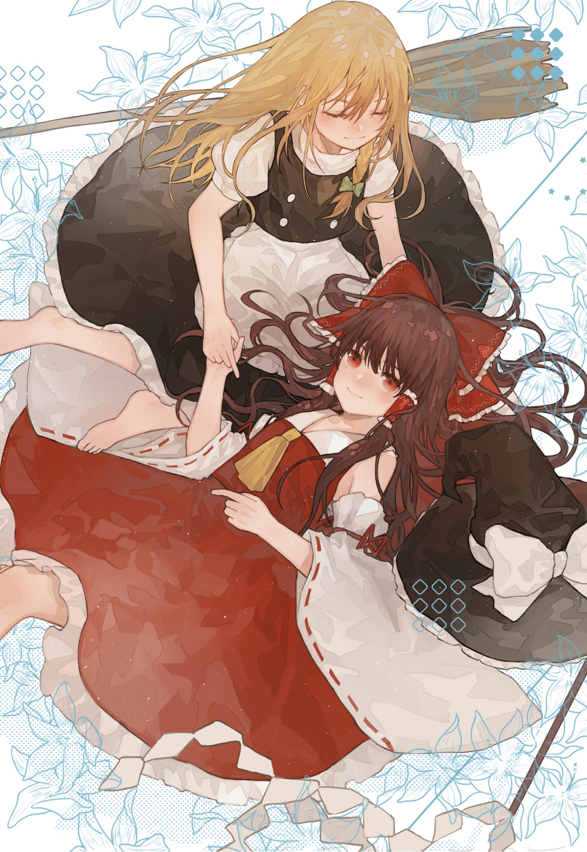 2girls absurdres apron barefoot blonde_hair bow braid broom brown_hair closed_eyes detached_sleeves floral_background frilled_bow frills gohei hair_tubes hakurei_reimu hand_holding hat highres kirisame_marisa long_hair lying multiple_girls nontraditional_miko on_back patterned_background red_eyes rudrawong simple_background single_braid sitting smile touhou waist_apron witch witch_hat yellow_neckwear yuri