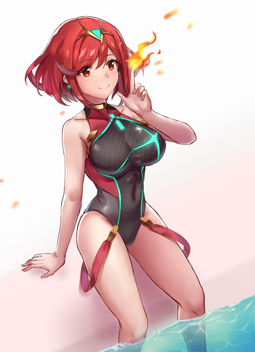 1girl absurdres bangs black_swimsuit breasts casual_one-piece_swimsuit covered_navel earrings fire headpiece highleg highleg_swimsuit highres pyra_(xenoblade) jewelry large_breasts looking_at_viewer nintendo one-piece_swimsuit red_eyes redhead short_hair shoulder_armor smile solo swept_bangs swimsuit tiara xenoblade_(series) xenoblade_2 yellowgua