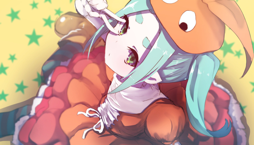 1girl absurdres aqua_hair arm_up bangs blurry blurry_background blush boots brown_footwear closed_mouth commentary_request cross-laced_clothes depth_of_field dress forehead from_above green_eyes hat highres layered_dress long_hair looking_at_viewer looking_up monogatari_(series) nisemonogatari ononoki_yotsugi orange_dress orange_hat pantyhose parted_bangs pleated_dress puffy_short_sleeves puffy_sleeves short_sleeves sidelocks sitting solo star starry_background striped striped_legwear thick_eyebrows twintails v_over_eye wada_kazu yellow_background