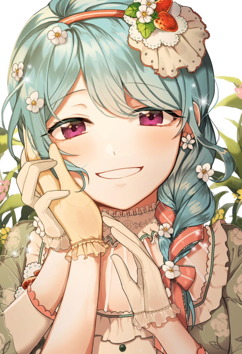 1girl alternate_hairstyle bang_dream! bangs bari_dal blue_hair braid earrings eyebrows_visible_through_hair flower flower_earrings food_themed_hair_ornament frilled_gloves frills gloves grin hair_flower hair_ornament hair_over_shoulder hair_ribbon hand_on_another's_cheek hand_on_another's_face hand_on_another's_hand highres jewelry long_hair looking_at_viewer matsuura_kanan red_ribbon ribbon single_braid smile solo strawberry_hair_ornament striped striped_ribbon upper_body violet_eyes white_flower white_gloves yellow_gloves