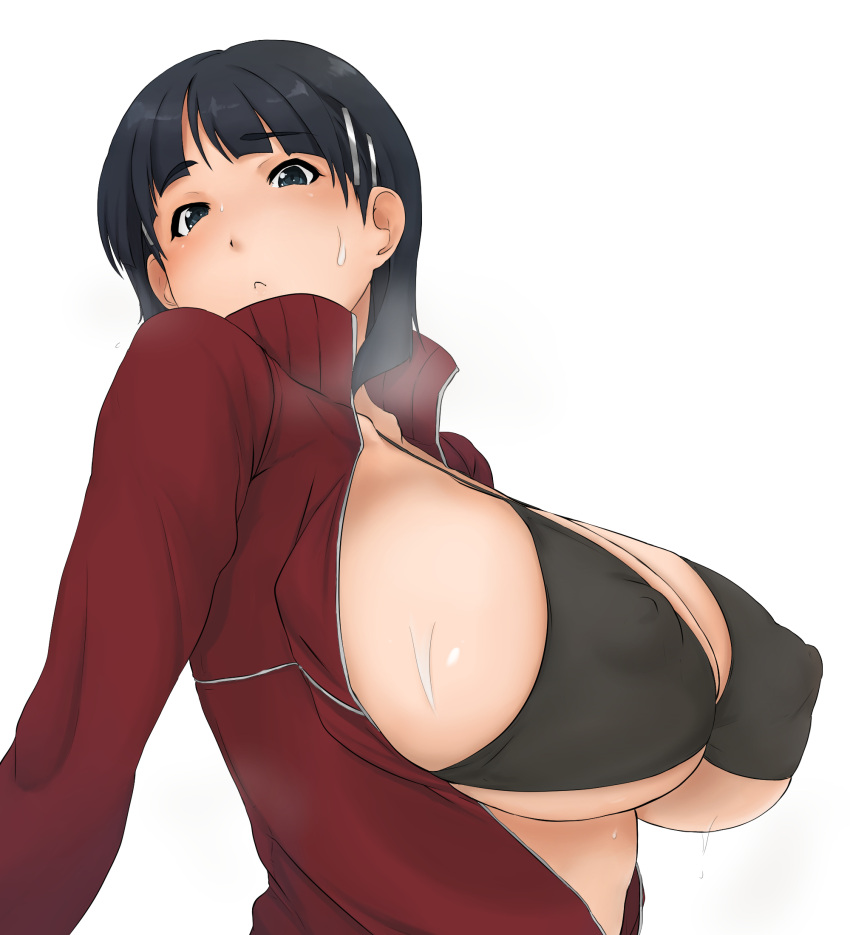 1girl bikini bikini_top black_bikini black_hair breasts cleavage grey_eyes hair_ornament hairclip highres huge_breasts jacket kirigaya_suguha looking_at_viewer looking_down open_clothes open_jacket sakura_(ameto) short_hair simple_background solo sweat sweatdrop swimsuit sword_art_online white_background