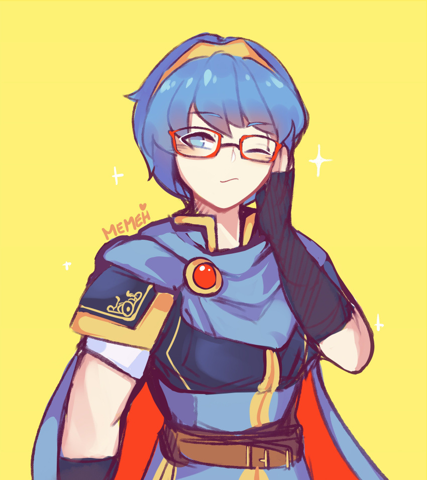 1boy absurdres artist_name belt black_gloves blue_eyes blue_hair cape fingerless_gloves fire_emblem fire_emblem:_mystery_of_the_emblem fire_emblem_heroes glasses gloves highres lazymimium marth nintendo one_eye_closed short_hair short_sleeves simple_background solo tiara yellow_background