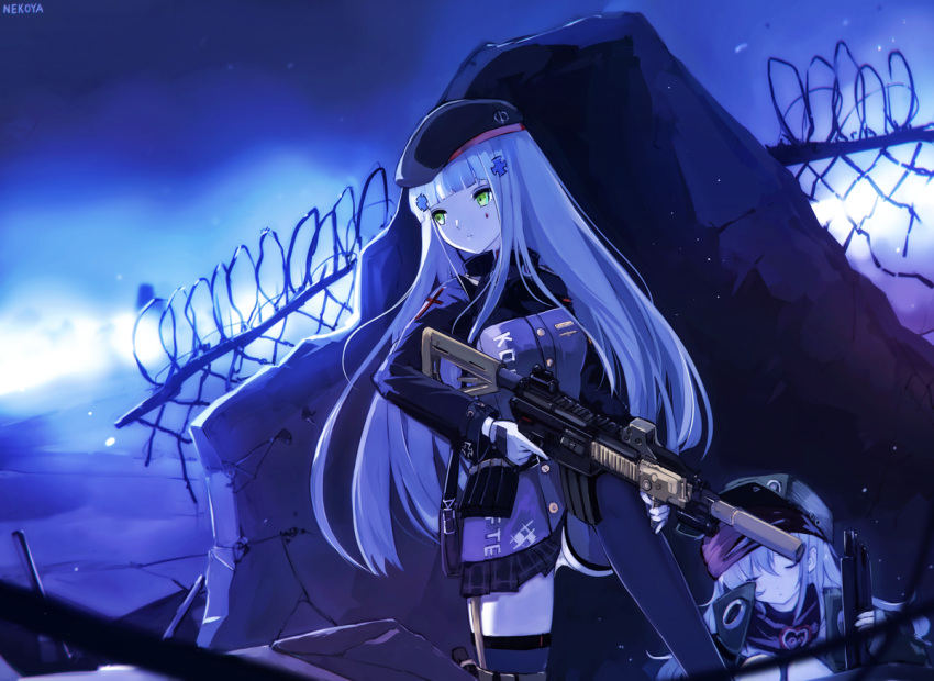 2girls artist_name assault_rifle bangs barbed_wire beret black_hat black_skirt blue_hair blunt_bangs blurry blurry_foreground blush breasts chain-link_fence closed_eyes closed_mouth commentary_request depth_of_field dyolf eyebrows_visible_through_hair facial_mark fence g11 g11_(girls_frontline) girls_frontline green_eyes green_jacket gun hair_ornament hat heckler_&amp;_koch hk416 hk416_(girls_frontline) holding holding_gun holding_weapon jacket long_hair looking_away looking_to_the_side medium_breasts multiple_girls object_namesake open_clothes open_jacket outdoors plaid plaid_skirt pleated_skirt purple_jacket purple_legwear rifle signature silver_hair skirt standing thigh-highs very_long_hair weapon