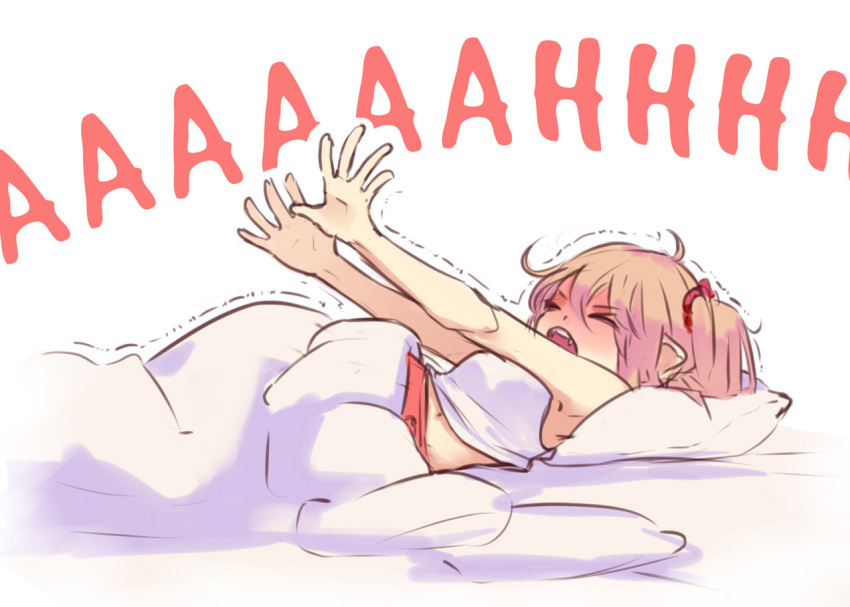 1girl alternate_costume bed blanket blonde_hair breasts closed_eyes fangs flandre_scarlet hands_up lying navel nightmare on_back open_mouth pillow screaming shaking side_ponytail solo stretch touhou under_covers white_background yoruny