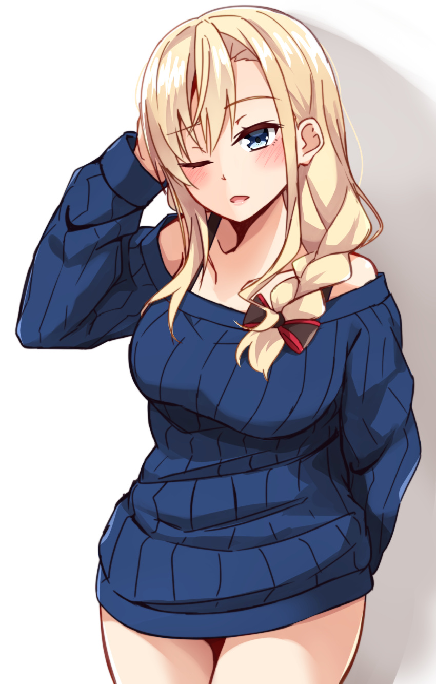 1girl arm_up bangs bare_shoulders black_bow blonde_hair blue_eyes blue_sweater blush bow braid breasts collarbone commentary_request cowboy_shot eyebrows_visible_through_hair hair_between_eyes hair_bow high_school_fleet highres kapatarou large_breasts long_hair long_sleeves off-shoulder_sweater one_eye_closed parted_lips revision ribbed_sweater shadow sidelocks single_braid solo sweater white_background wilhelmina_braunschweig_ingenohl_friedeburg